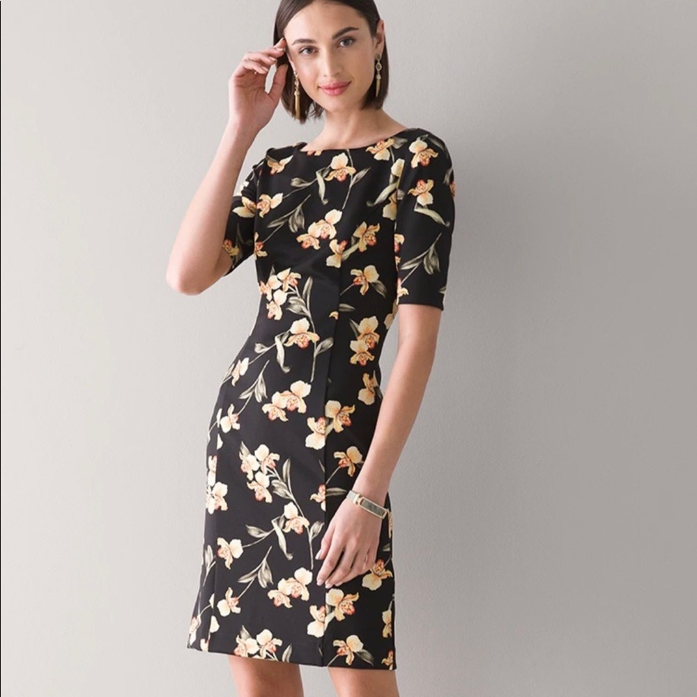 Elbow-Sleeve Scuba Knit Dress Anthurium Tossed Black